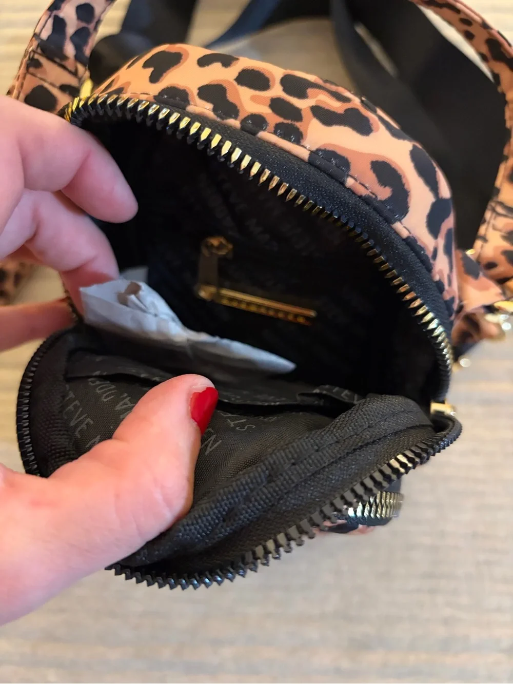 Steve Madden Jenna leopard nylon mini crossbody bag